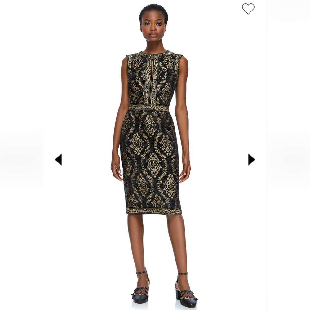 NWT Tadashi Shoji Cindy Black and Gold Brocade Jacquard Sleeveless Sheath Dress‎
